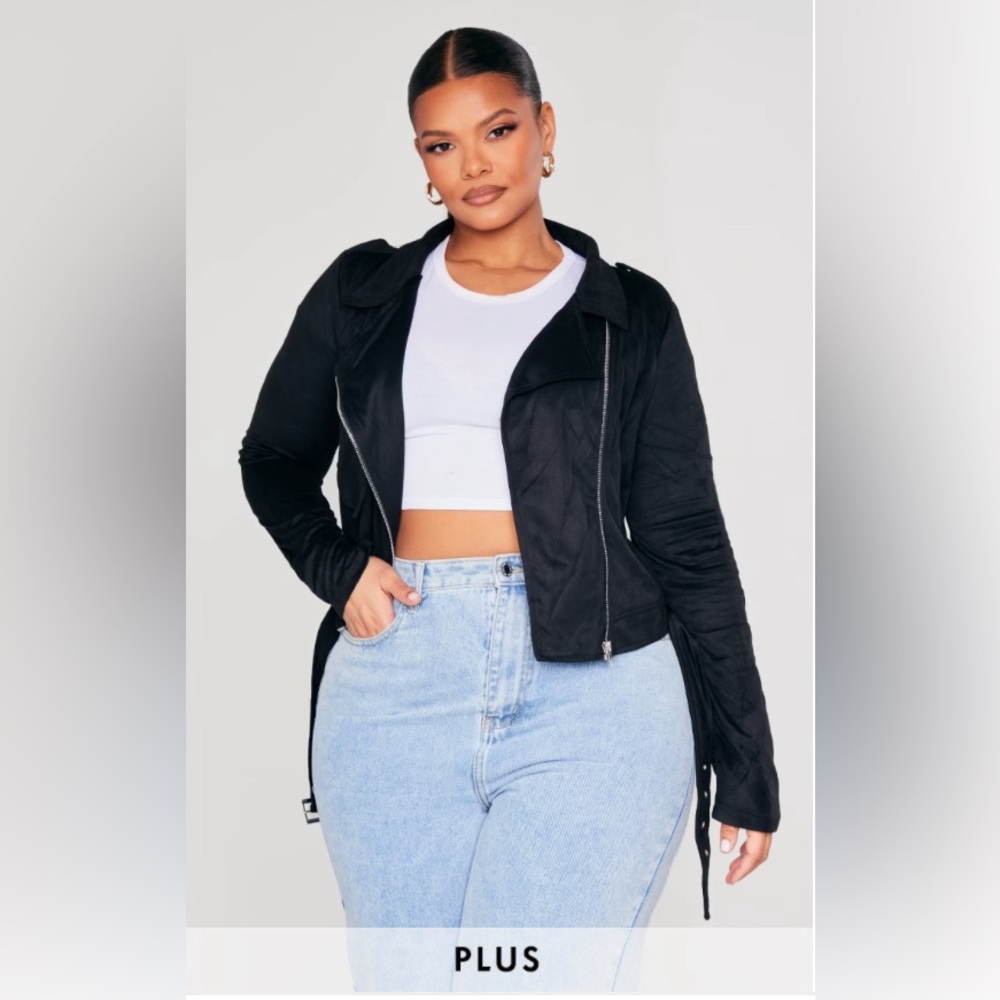 NWT PrettyLittleThing Plus Black Faux Suede Biker Jacket
